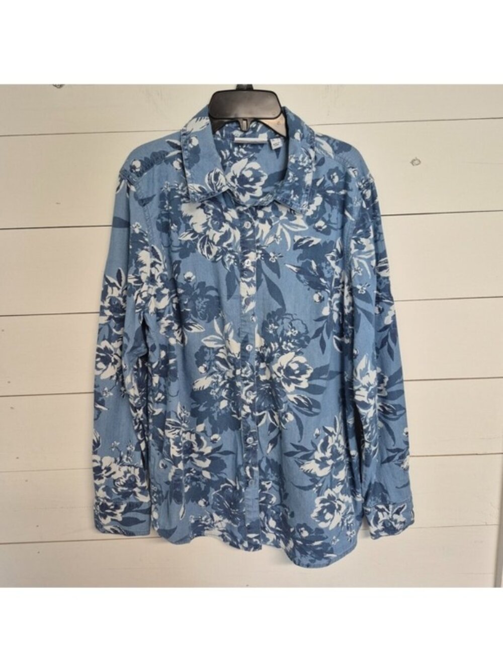 Denim & Co. Women's Floral Blue Cottage Core Button-Up Long Sleeve Top